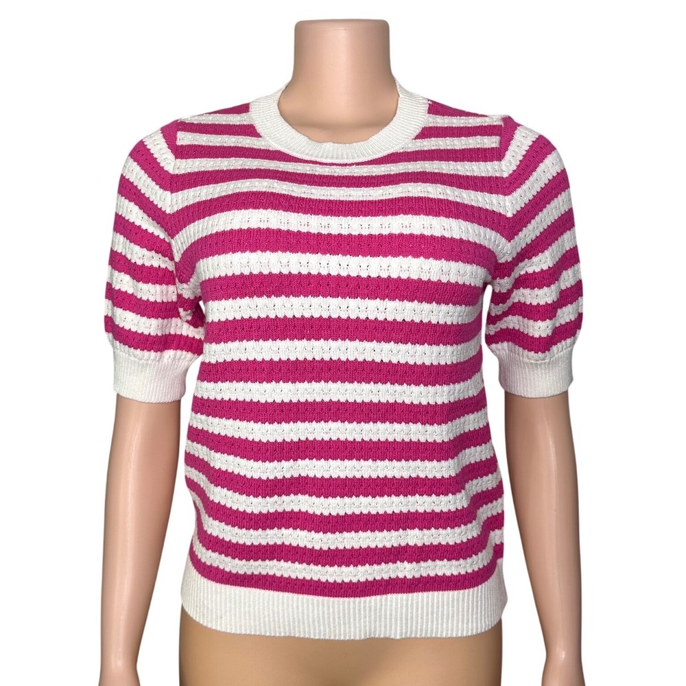 Skies‎ Are Blue Women's Sandra Striped Short Sleeve Sweater Sz Medium White Pink